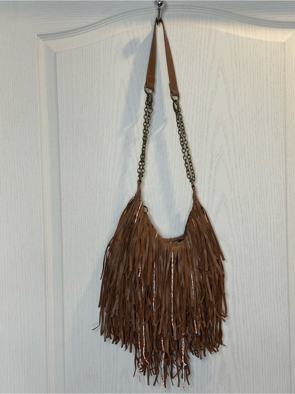 Faux Leather & Beads Fringe Two Way Bag